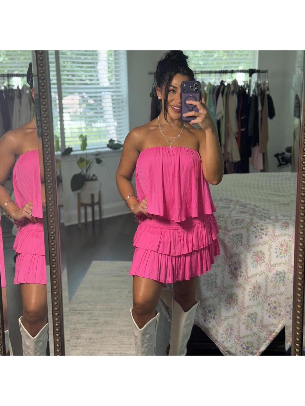 Hot Pink Strapless Ruffle Mini Dress | Barbiecore Summer Dress - Picture 3 of 7